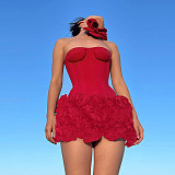 Red Sexy Strapless Women Three-dimensional Flower Short Dress SUM-24432
