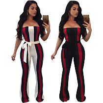 Sexy Strapless Stripes Patchwork Long Jumpsuit with Belt OY-5137