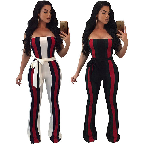 Sexy Strapless Stripes Patchwork Long Jumpsuit with Belt OY-5137