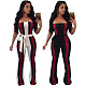 Sexy Strapless Stripes Patchwork Long Jumpsuit with Belt OY-5137