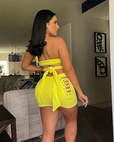 Halter Bandage Crop Top Mini Skirts Two Piece Sets OY-6352