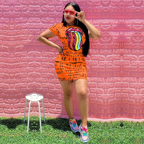 Hot-selling Alphabet Print+Lip Stick Cloth Short-sleeved Dress OY-6190
