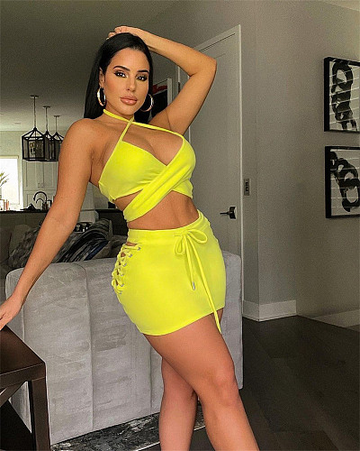 Halter Bandage Crop Top Mini Skirts Two Piece Sets OY-6352