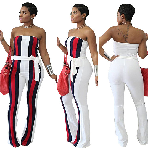 Sexy Strapless Stripes Patchwork Long Jumpsuit with Belt OY-5137
