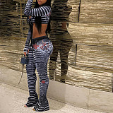 See Through Wrapped Bandage Crop Tops+Printed Pants Matching Outfits DLS-K23S40178