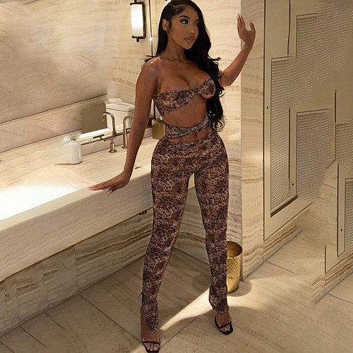 Sexy Strapless Leopard Print Women's Cutout Crop Jumpsuit RS-60025
