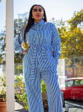 Casual Women Stripes Print Single-breasted Lapel Wide-leg Pants 2 Pieces Sets MIL-T091