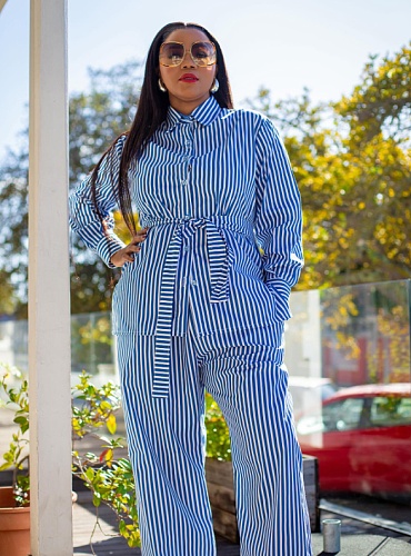 Casual Women Stripes Print Single-breasted Lapel Wide-leg Pants 2 Pieces Sets MIL-T091