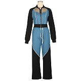 Women's Denim Stitching Sports Hoodie Suit Jacket Two-piece Set AIL-302