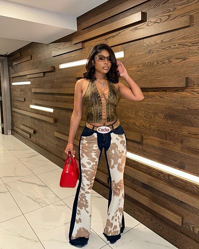2025 New Women Prints Strech Flared Long Jeans MEM-88621