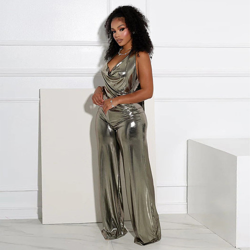Women Sexy Halter Backless Wide-leg Long Jumpsuit Silver YF-20142