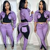 Women's Casual Sports Splicing Color Contrast Long Sleeve Pants Two-piece Set RS-2423