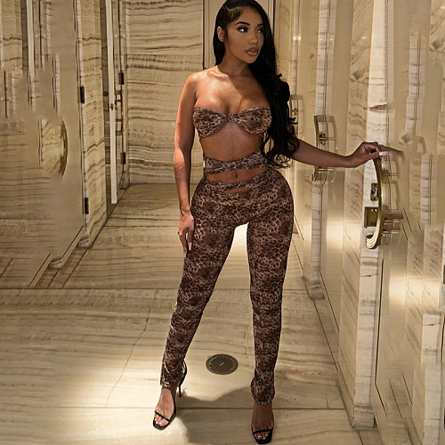 Sexy Strapless Leopard Print Women's Cutout Crop Jumpsuit RS-60025