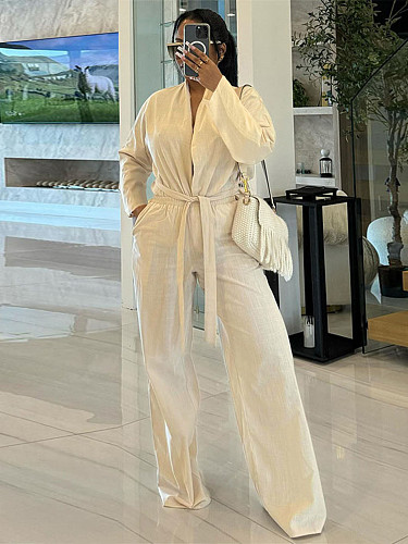 Women's elegant solid color long sleeve lace-up cardigan top straight trouser suit MIL-T090