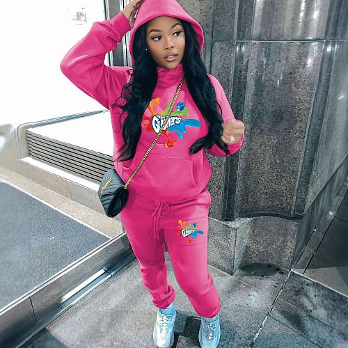 Women's Long Sleeve Hoodie Printed Fleece Tracksuit Sporty 2 Pieces Sets DN-5999G30