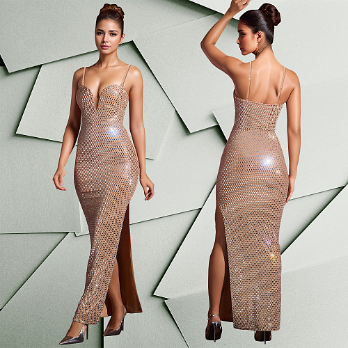 Lady Sleeveless Straps Hot Drilling Split Bodycon Maxi Dresses BY-7207