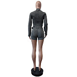 Women Long Sleeve Zipper Tops And Tight Shorts Sexy Two Pieces Sets MEM-88616
