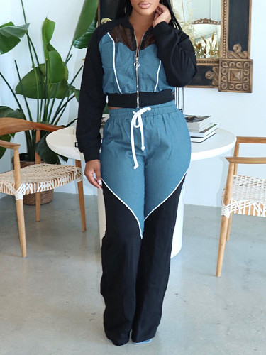 Women's Denim Stitching Sports Hoodie Suit Jacket Two-piece Set AIL-302
