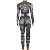 See Through Wrapped Bandage Crop Tops+Printed Pants Matching Outfits DLS-K23S40178