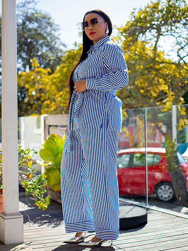 Casual Women Stripes Print Single-breasted Lapel Wide-leg Pants 2 Pieces Sets MIL-T091
