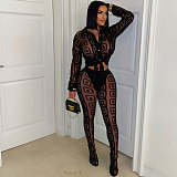 Black Mesh Long Sleeve Blouse And Bodycon Pants Sexy Two Pieces Sets YNS-2671