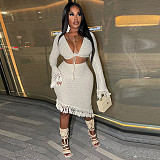 Sexy Chest Wrap Long Sleeves Crop Top And Package Hips Tassel Bodycon Skirt 2 Pieces Sets YNS-2653
