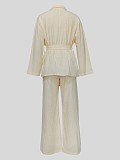Women's elegant solid color long sleeve lace-up cardigan top straight trouser suit MIL-T090
