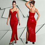 Lady Sleeveless Straps Hot Drilling Split Bodycon Maxi Dresses BY-7207