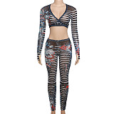 See Through Wrapped Bandage Crop Tops+Printed Pants Matching Outfits DLS-K23S40178