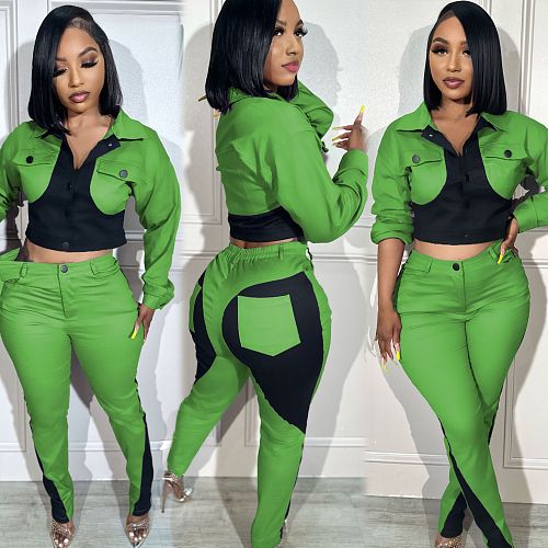Women's Casual Sports Splicing Color Contrast Long Sleeve Pants Two-piece Set RS-2423