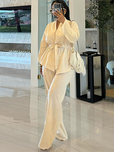 Women's elegant solid color long sleeve lace-up cardigan top straight trouser suit MIL-T090