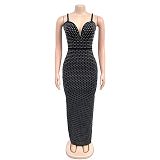 Lady Sleeveless Straps Hot Drilling Split Bodycon Maxi Dresses BY-7207