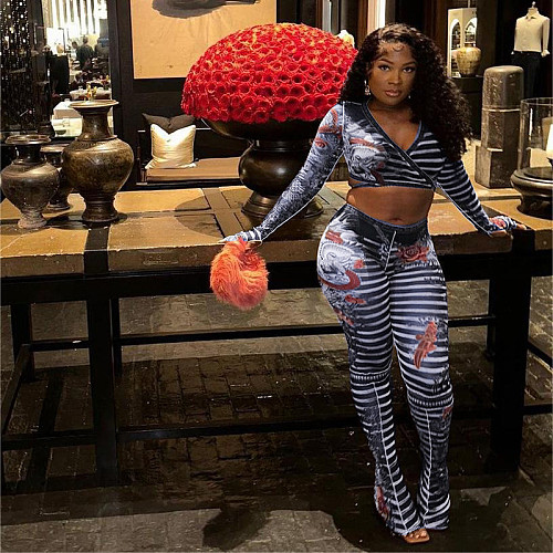 See Through Wrapped Bandage Crop Tops+Printed Pants Matching Outfits DLS-K23S40178