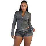 Women Long Sleeve Zipper Tops And Tight Shorts Sexy Two Pieces Sets MEM-88616