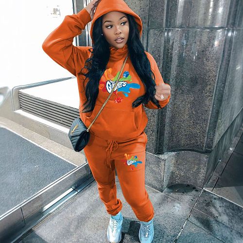 Women's Long Sleeve Hoodie Printed Fleece Tracksuit Sporty 2 Pieces Sets DN-5999G30