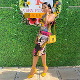 Women One Shoulder Spaghetti Strap Printed Bodycon Midi Dress MEY-2052