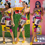 Women One Shoulder Spaghetti Strap Printed Bodycon Midi Dress MEY-2052