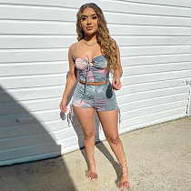 Ruched Tie dye Print Spaghetti Strap Crop Top Shorts 2 Pieces MEY-2053