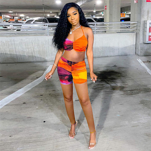 Women Sexy Print Tie Dye Crop Top Shorts 2 Piece Bikini Set MEY-2061