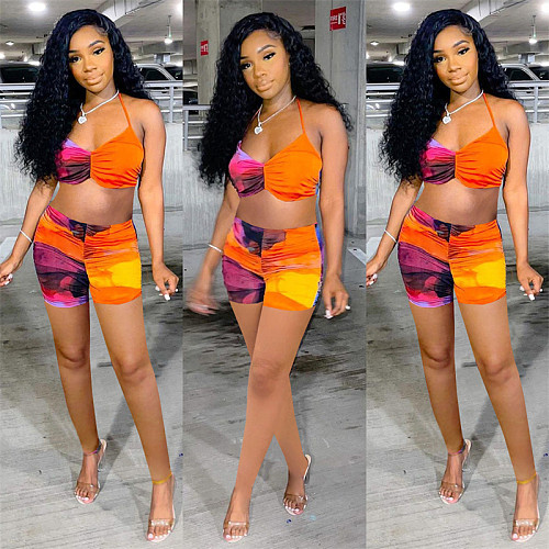 Women Sexy Print Tie Dye Crop Top Shorts 2 Piece Bikini Set MEY-2061