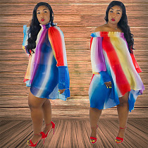 Colorful Printed Off Shoulder Irregular Midi Dress HM-6079