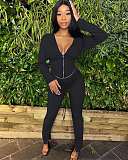 Deep V Zipper Hooded Jacket Ruffled Pants Two-piece Set HM-6347