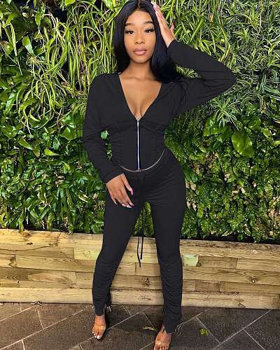 Deep V Zipper Hooded Jacket Ruffled Pants Two-piece Set HM-6347