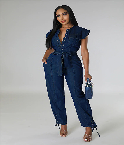 Short Sleeve Button Down Lace Up Denim Jumpsuit CQ-208
