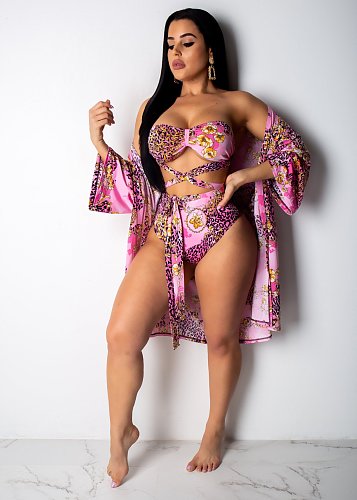 Sexy Printed Strapless Bikini Swimsuit 3pcs Set HM-6085