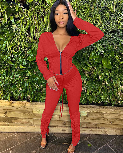 Deep V Zipper Hooded Jacket Ruffled Pants Two-piece Set HM-6347