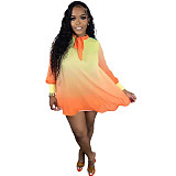 Gradient O Neck Long Sleeve Loose Plus Size Dresses HM-6611