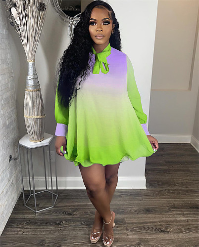 Gradient O Neck Long Sleeve Loose Plus Size Dresses HM-6611