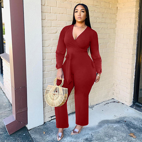Casual Solid Color V-neck Long Sleeve Belt Jumpsuit HM-6333