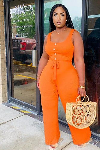 Plus Size Casual Solid Color Summer Women's Streetwear Sleeveless High Waist Wide Leg Jumpsuits HM-6330